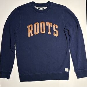 Roots Men's Navy Crewneck Sweater with Tan Lettering